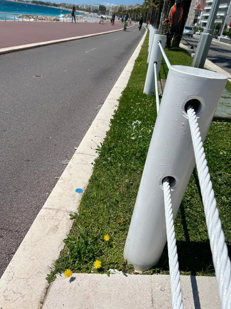 Avant : bande de gazon le long d'une promenade en bord de mer, pissenlits et herbes folles au pied des poteaux à cordage