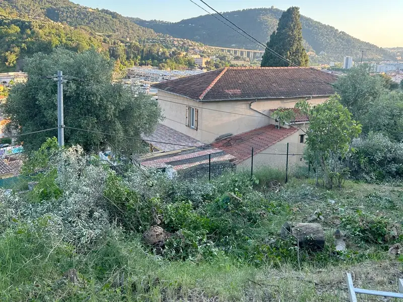 Pente en cours de débroussaillage au-dessus de maisons, échelle couchée dans l'herbe coupée, collines au fond