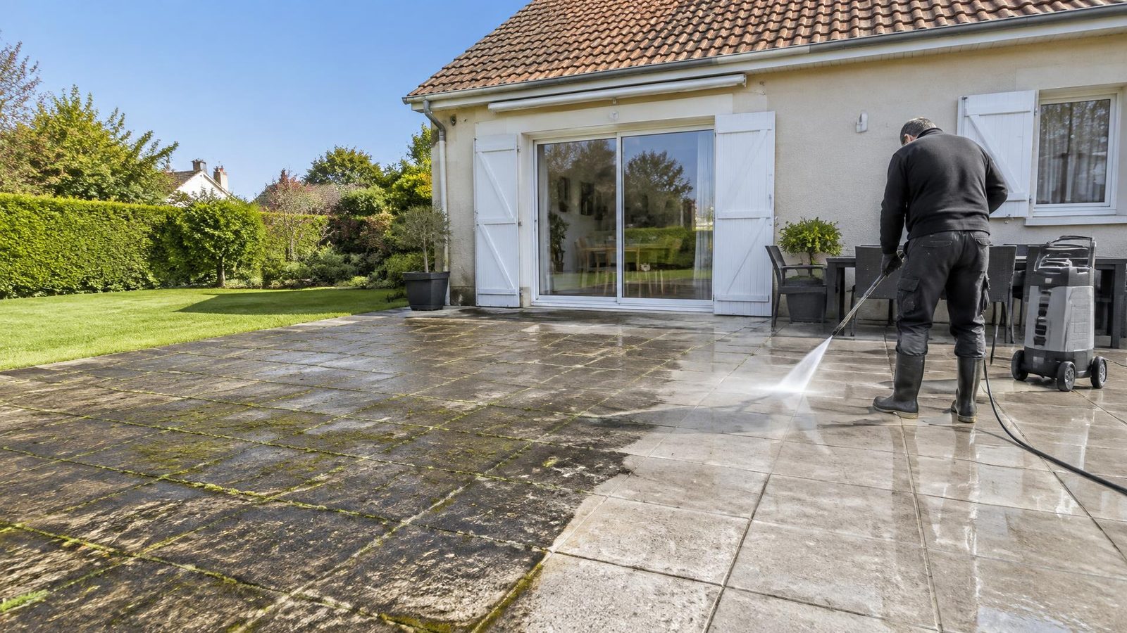 Terrasse dallée lavée au jet sous pression : à gauche, des dalles encore noircies par la mousse ; à droite, des dalles redevenues claires, devant la baie vitrée d'une maison